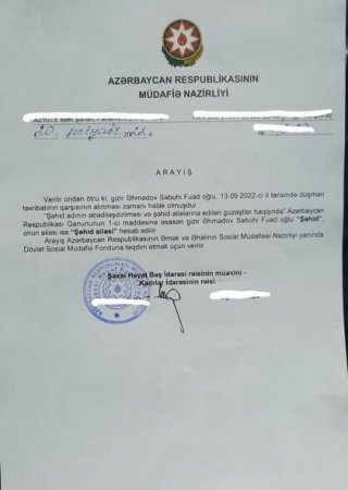 Sənan Əhmədova şəhid ailəsi statusu verilməsi barədə ARAYIŞLA bağlı RƏSMİ AÇIQLAMA