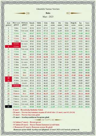 Ramazan ayının təqvimi - İmsak-iftar vaxtları