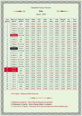 Ramazan ayının təqvimi - İmsak-iftar vaxtları