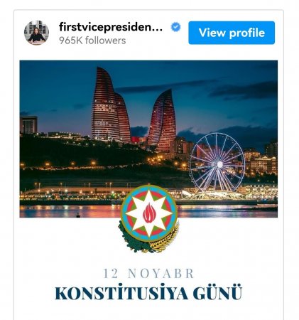 Mehriban Əliyevadan Konstitusiya Günü ilə bağlı paylaşım