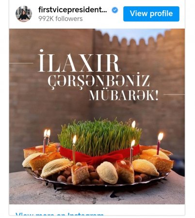 Mehriban Əliyevadan İlaxır çərşənbə ilə bağlı PAYLAŞIM