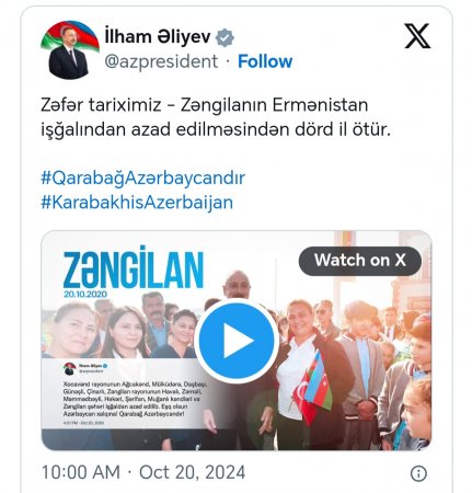 Prezidentdən Zəngilanla bağlı PAYLAŞIM