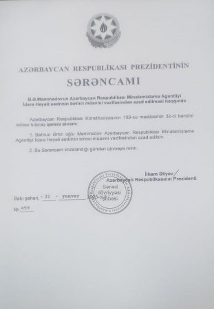 Hesablama Palatasının keçirdiyi yoxlamanın nəticəsi olaraq Bəhruz Məmmədov vəzifəsindən azad olunub