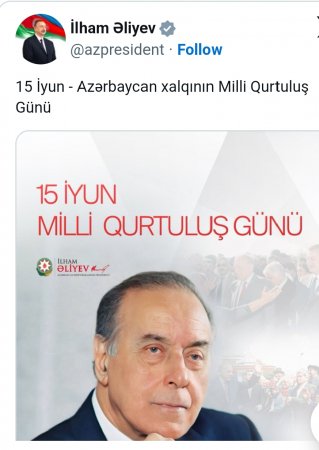 İlham Əliyevdən 15 İyun PAYLAŞIMI