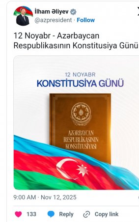 İlham Əliyev Konstitusiya Günü ilə bağlı paylaşım etdi